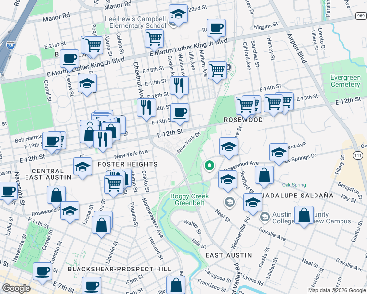 map of restaurants, bars, coffee shops, grocery stores, and more near 2501 New York Drive in Austin