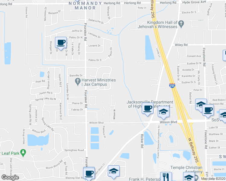 map of restaurants, bars, coffee shops, grocery stores, and more near 7904 Winterwood Court in Jacksonville