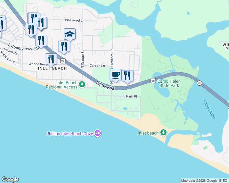 map of restaurants, bars, coffee shops, grocery stores, and more near 32 East Park Place Avenue in Walton County