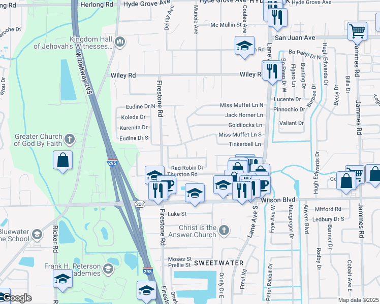 map of restaurants, bars, coffee shops, grocery stores, and more near 6958 Christopher Robin Drive in Jacksonville