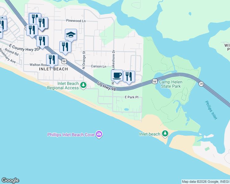 map of restaurants, bars, coffee shops, grocery stores, and more near 32 East Park Place Avenue in Walton County