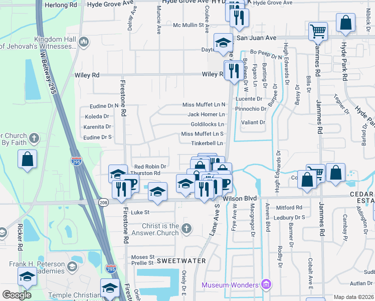 map of restaurants, bars, coffee shops, grocery stores, and more near 6865 Misty View Drive in Jacksonville