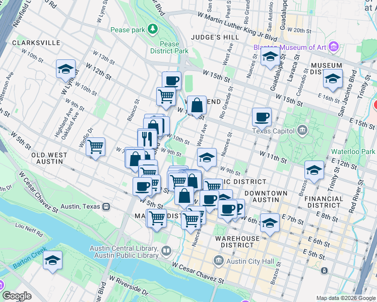 map of restaurants, bars, coffee shops, grocery stores, and more near 900 West 9th Street in Austin