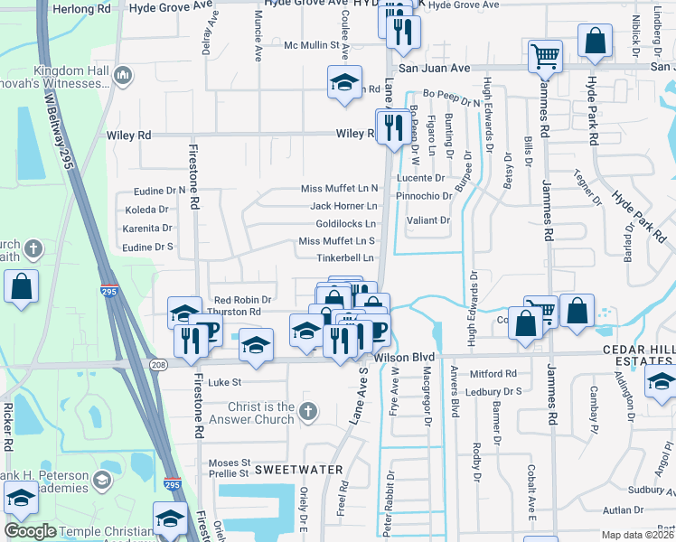 map of restaurants, bars, coffee shops, grocery stores, and more near 6813 Misty View Drive in Jacksonville