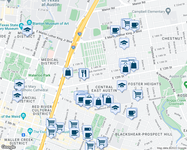 map of restaurants, bars, coffee shops, grocery stores, and more near E 13th St & San Bernard St in Austin