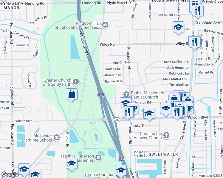 map of restaurants, bars, coffee shops, grocery stores, and more near 2533 Bethel Road in Jacksonville