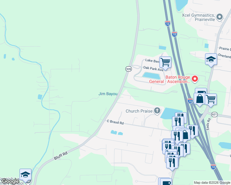 map of restaurants, bars, coffee shops, grocery stores, and more near 14183 Bluff Road in Prairieville