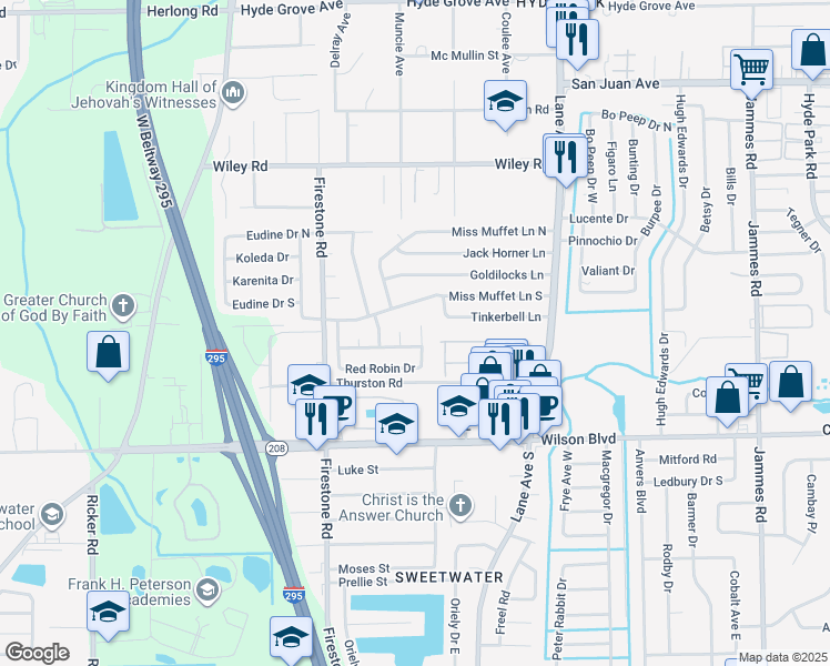 map of restaurants, bars, coffee shops, grocery stores, and more near 2557 Red Robin Drive in Jacksonville