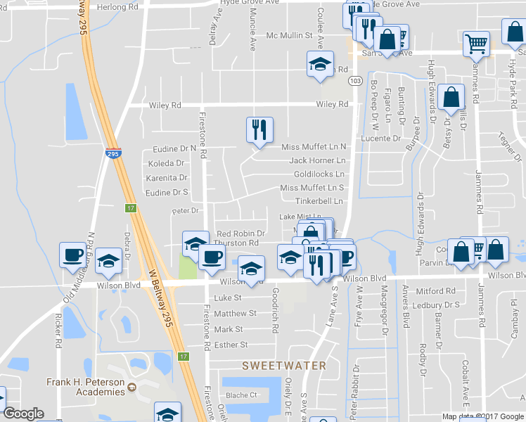 map of restaurants, bars, coffee shops, grocery stores, and more near 2557 Red Robin Drive in Jacksonville