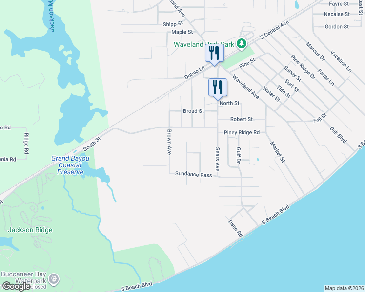 map of restaurants, bars, coffee shops, grocery stores, and more near 311 Hunter Hollow in Waveland