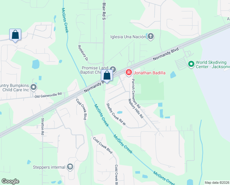 map of restaurants, bars, coffee shops, grocery stores, and more near 10345 Clayton Mill Road in Jacksonville