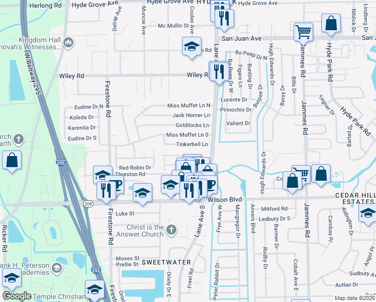 map of restaurants, bars, coffee shops, grocery stores, and more near 6813 Misty View Drive in Jacksonville