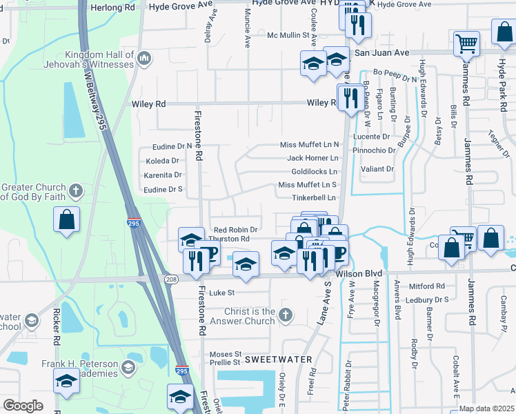 map of restaurants, bars, coffee shops, grocery stores, and more near 2557 Red Robin Drive in Jacksonville