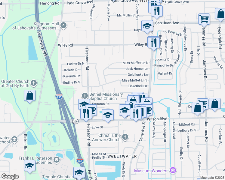 map of restaurants, bars, coffee shops, grocery stores, and more near 2557 Red Robin Drive in Jacksonville