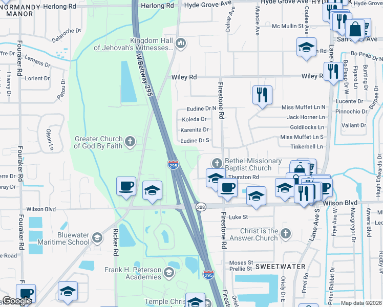map of restaurants, bars, coffee shops, grocery stores, and more near 2533 Bethel Road in Jacksonville