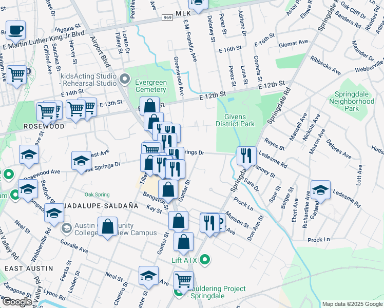 map of restaurants, bars, coffee shops, grocery stores, and more near 1147 3/4 Gunter Street in Austin