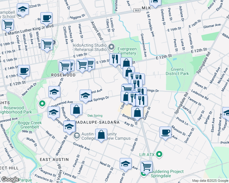 map of restaurants, bars, coffee shops, grocery stores, and more near 122 Oak Springs Drive in Austin