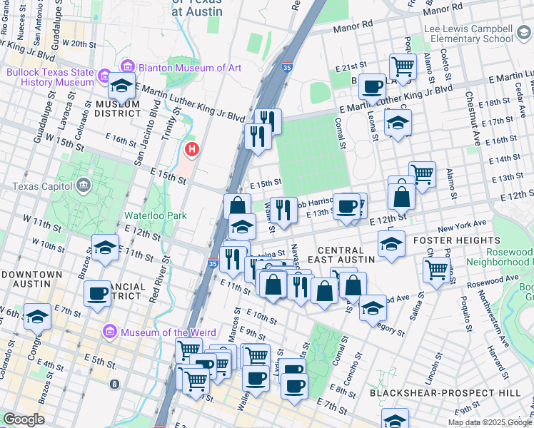 map of restaurants, bars, coffee shops, grocery stores, and more near in Austin