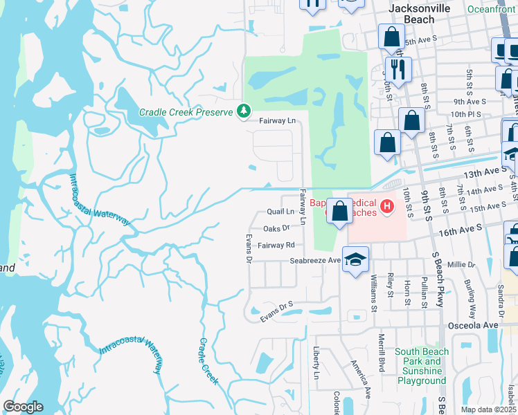 map of restaurants, bars, coffee shops, grocery stores, and more near 55 Quail Lane in Jacksonville Beach