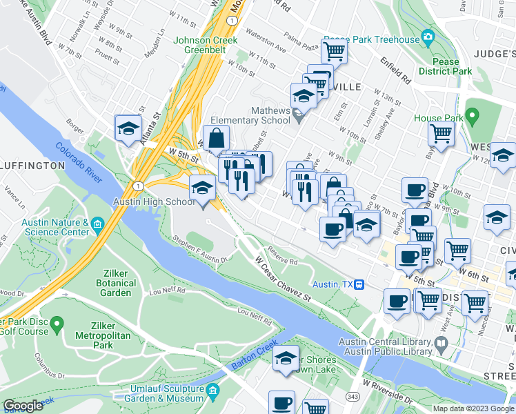 map of restaurants, bars, coffee shops, grocery stores, and more near West 5th Street & West Lynn Street in Austin