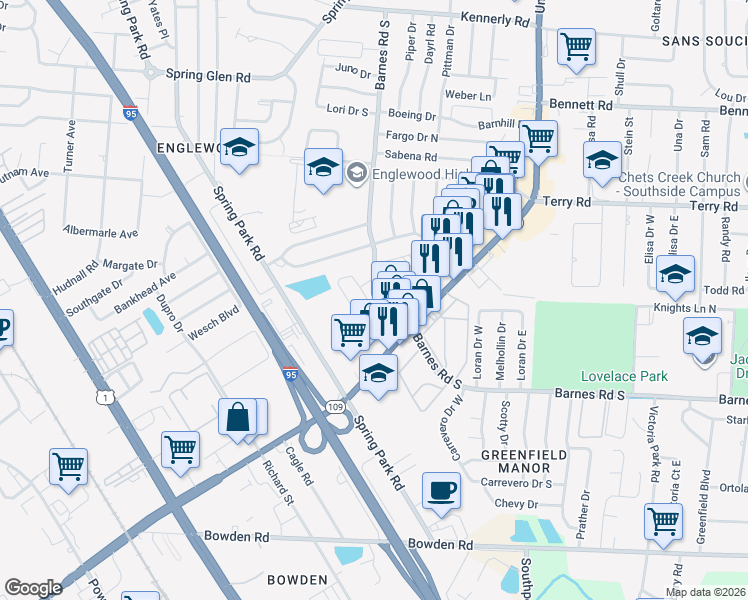 map of restaurants, bars, coffee shops, grocery stores, and more near 4739 Glorianne Circle West in Jacksonville