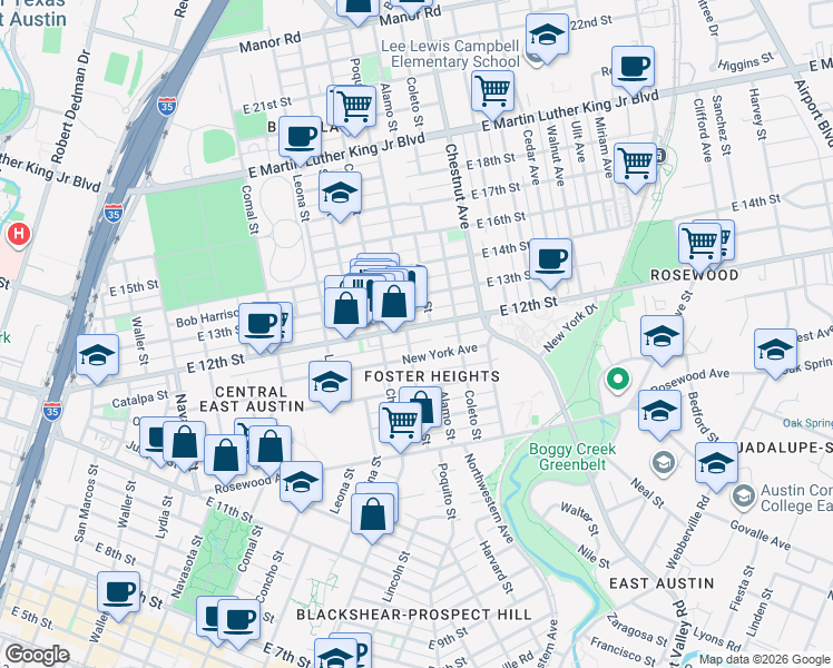 map of restaurants, bars, coffee shops, grocery stores, and more near 2003 East 12th Street in Austin