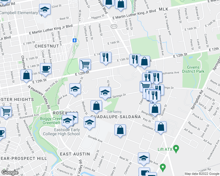 map of restaurants, bars, coffee shops, grocery stores, and more near 2702 Crest Avenue in Austin