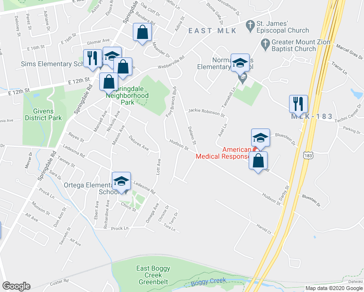 map of restaurants, bars, coffee shops, grocery stores, and more near Hudson Street & Eleanor Street in Austin