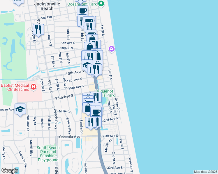 map of restaurants, bars, coffee shops, grocery stores, and more near 1512 15th Avenue South in Jacksonville Beach