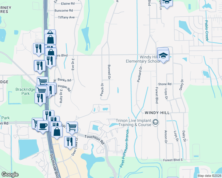 map of restaurants, bars, coffee shops, grocery stores, and more near 10158 Joyce Road in Jacksonville
