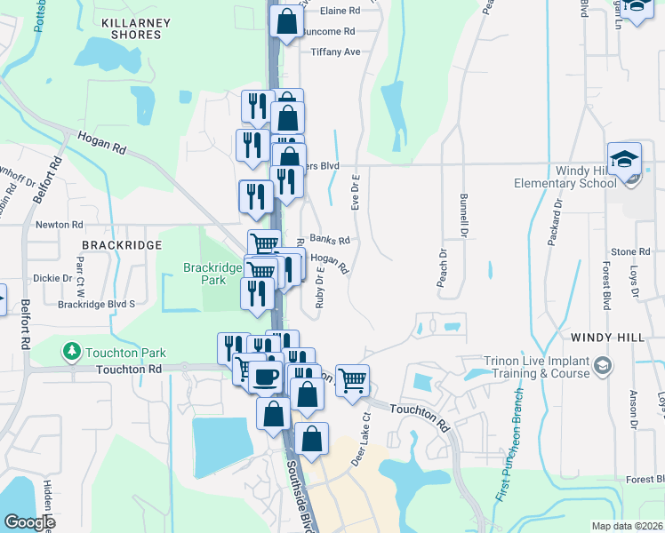 map of restaurants, bars, coffee shops, grocery stores, and more near 9742 Banks Road in Jacksonville