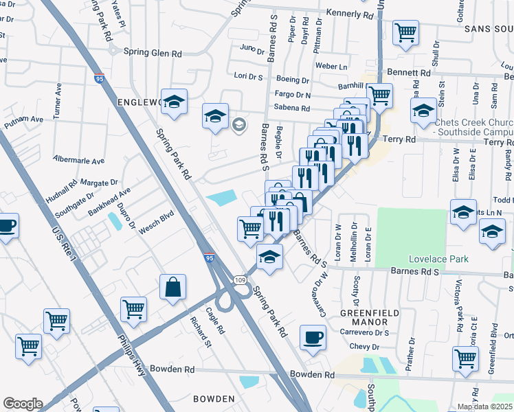 map of restaurants, bars, coffee shops, grocery stores, and more near 5445 Glorianne Drive in Jacksonville