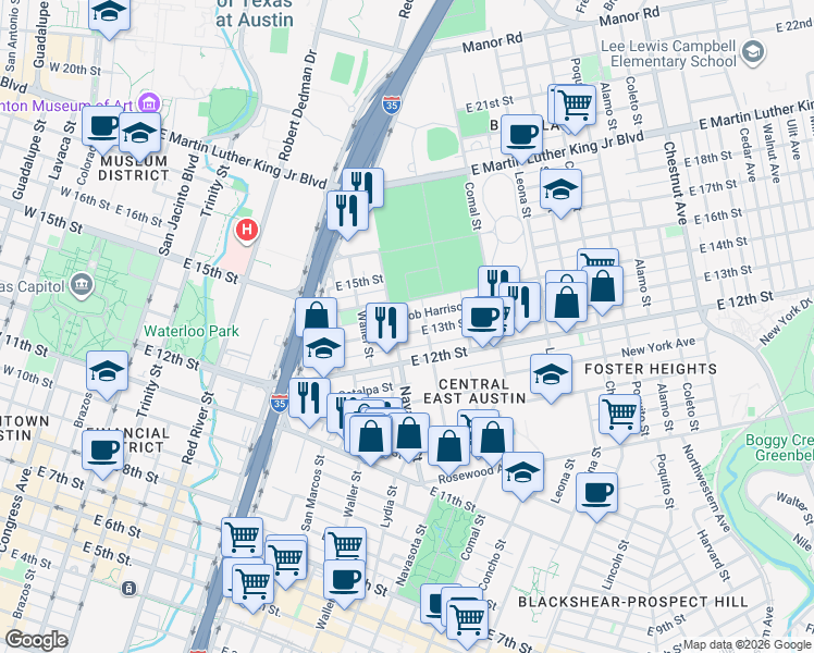 map of restaurants, bars, coffee shops, grocery stores, and more near 1204 Bob Harrison Street in Austin