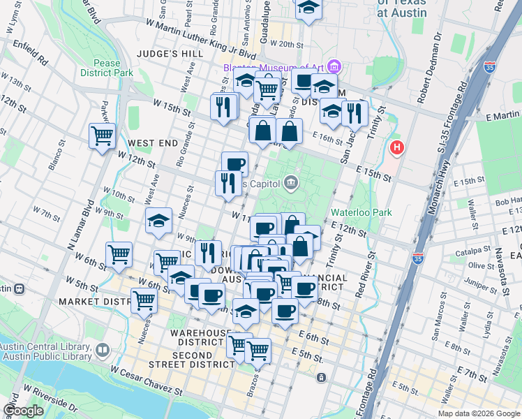 map of restaurants, bars, coffee shops, grocery stores, and more near 1100 Congress Avenue in Austin