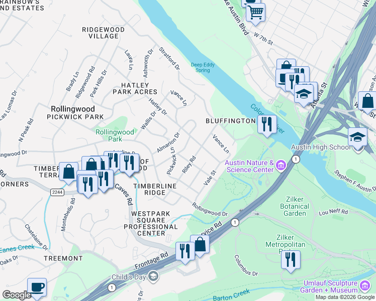 map of restaurants, bars, coffee shops, grocery stores, and more near 303 Almarion Drive in Austin
