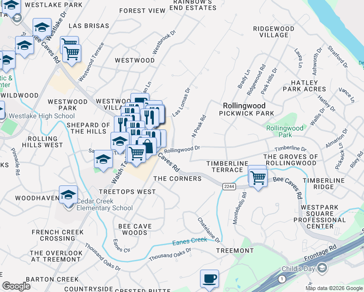 map of restaurants, bars, coffee shops, grocery stores, and more near 103 Las Lomas Drive in West Lake Hills
