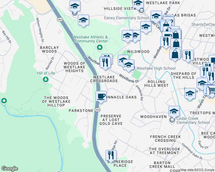 map of restaurants, bars, coffee shops, grocery stores, and more near 1406 1/2 Camp Craft Road in Austin