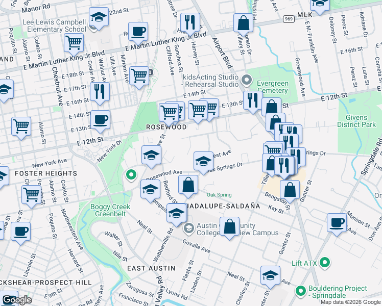 map of restaurants, bars, coffee shops, grocery stores, and more near 1175 Pandora Street in Austin