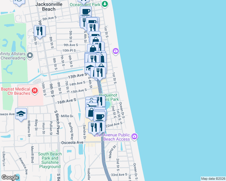 map of restaurants, bars, coffee shops, grocery stores, and more near 1512 15th Avenue South in Jacksonville Beach
