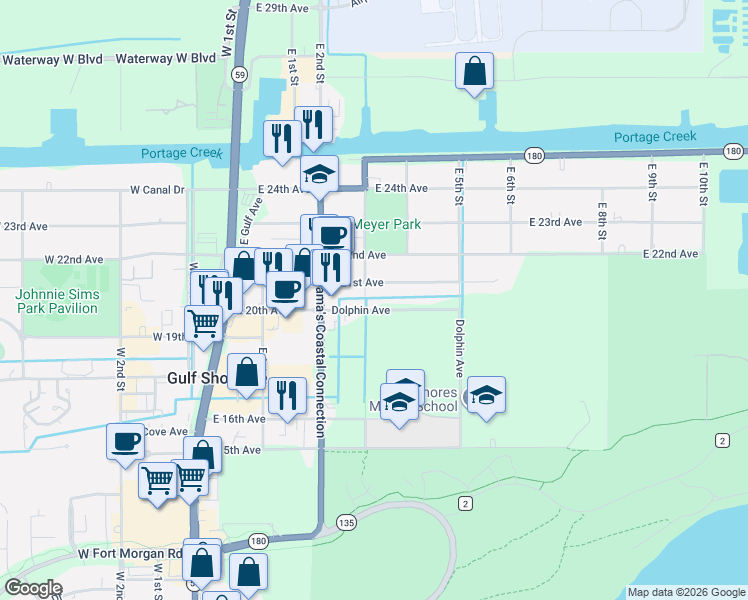 map of restaurants, bars, coffee shops, grocery stores, and more near 410 Dolphin Avenue in Gulf Shores