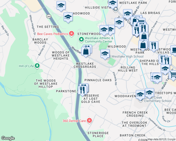 map of restaurants, bars, coffee shops, grocery stores, and more near 1501 Camp Craft Road in West Lake Hills