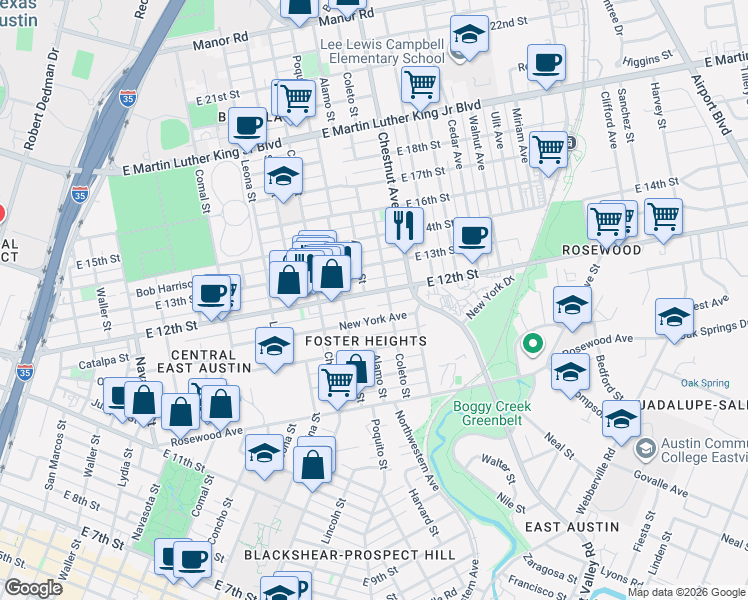 map of restaurants, bars, coffee shops, grocery stores, and more near 2103 East 12th Street in Austin