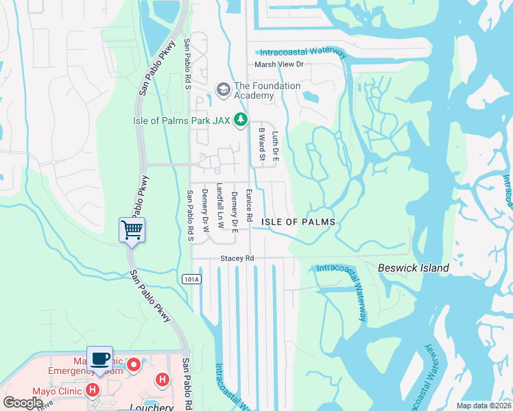 map of restaurants, bars, coffee shops, grocery stores, and more near 3917 Eunice Road in Jacksonville