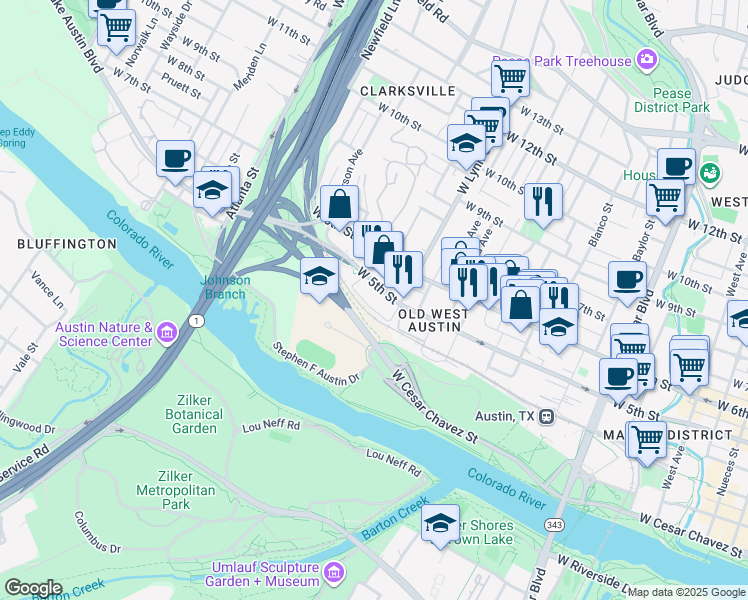 map of restaurants, bars, coffee shops, grocery stores, and more near 1611 West 5th Street in Austin