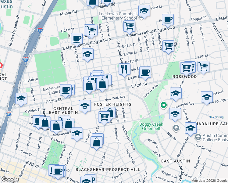 map of restaurants, bars, coffee shops, grocery stores, and more near 2106 East 12th Street in Austin