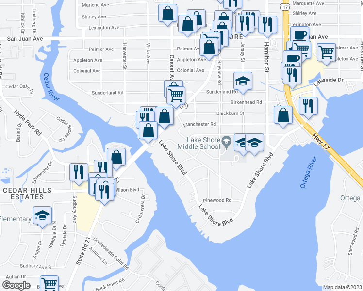 map of restaurants, bars, coffee shops, grocery stores, and more near 4847 Riverdale Road in Jacksonville