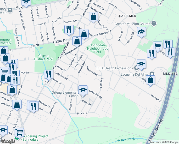 map of restaurants, bars, coffee shops, grocery stores, and more near 5106 Delores Avenue in Austin