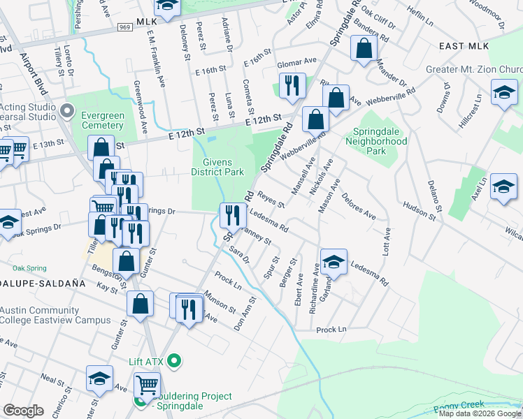 map of restaurants, bars, coffee shops, grocery stores, and more near 4607 Reyes Street in Austin