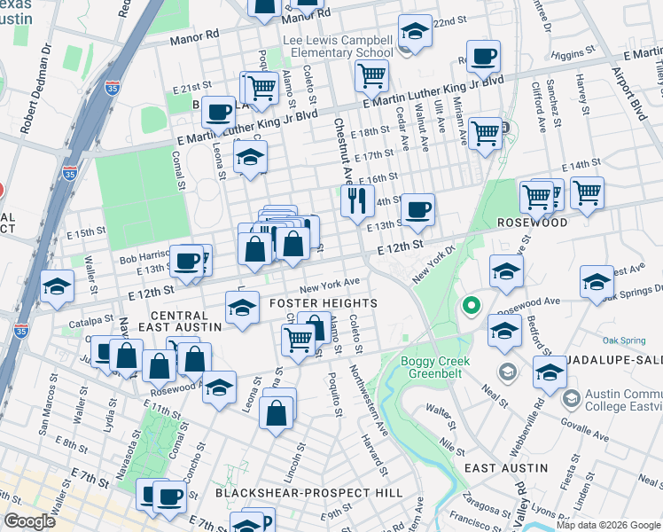 map of restaurants, bars, coffee shops, grocery stores, and more near 2106 East 12th Street in Austin