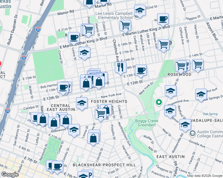map of restaurants, bars, coffee shops, grocery stores, and more near 2106 East 12th Street in Austin